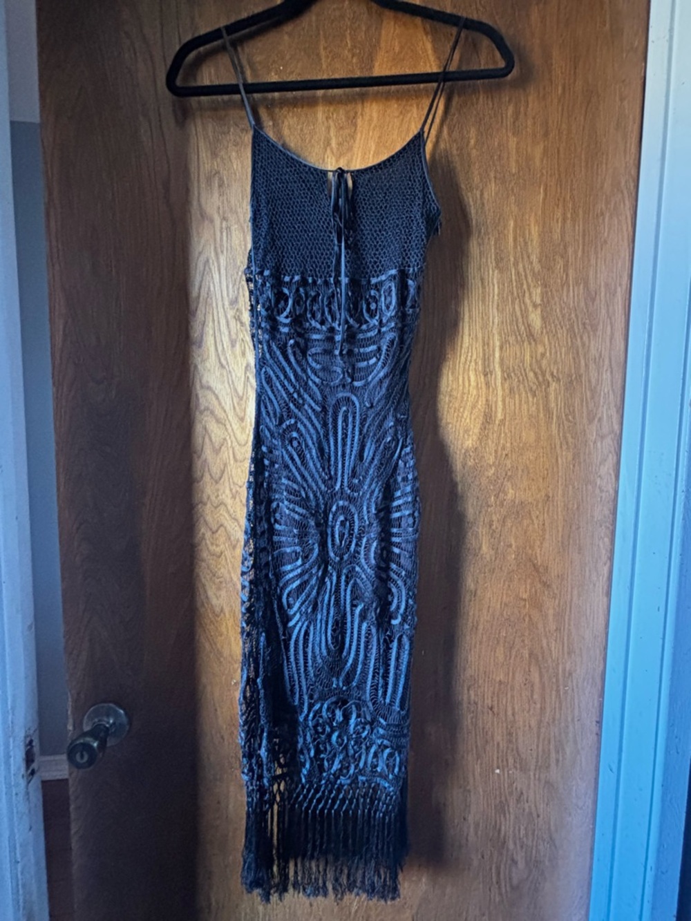Guess Black Crocheted Fringe Midi Dress